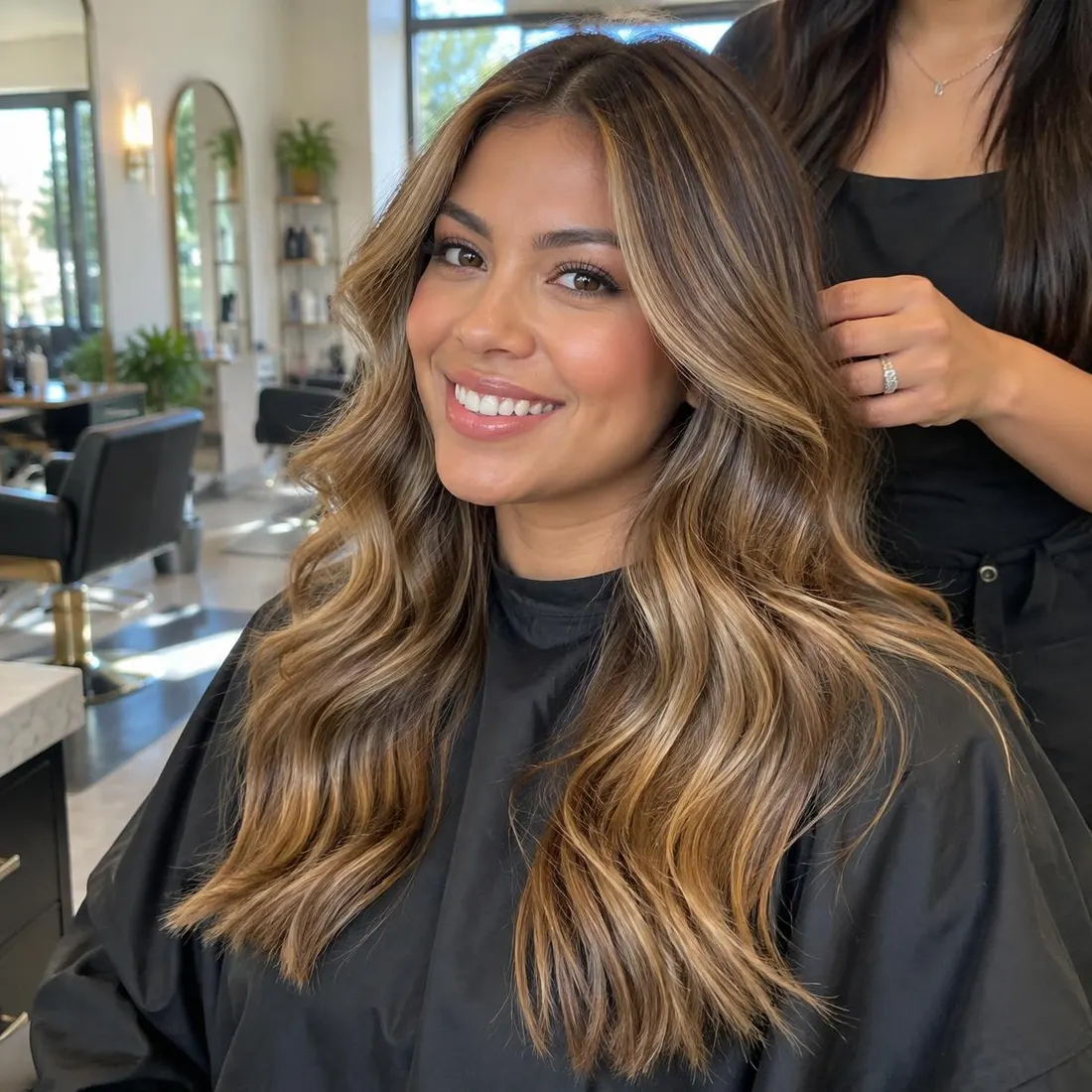 Clienta sonriente con balayage miel y caramelo mientras su estilista termina su peinado